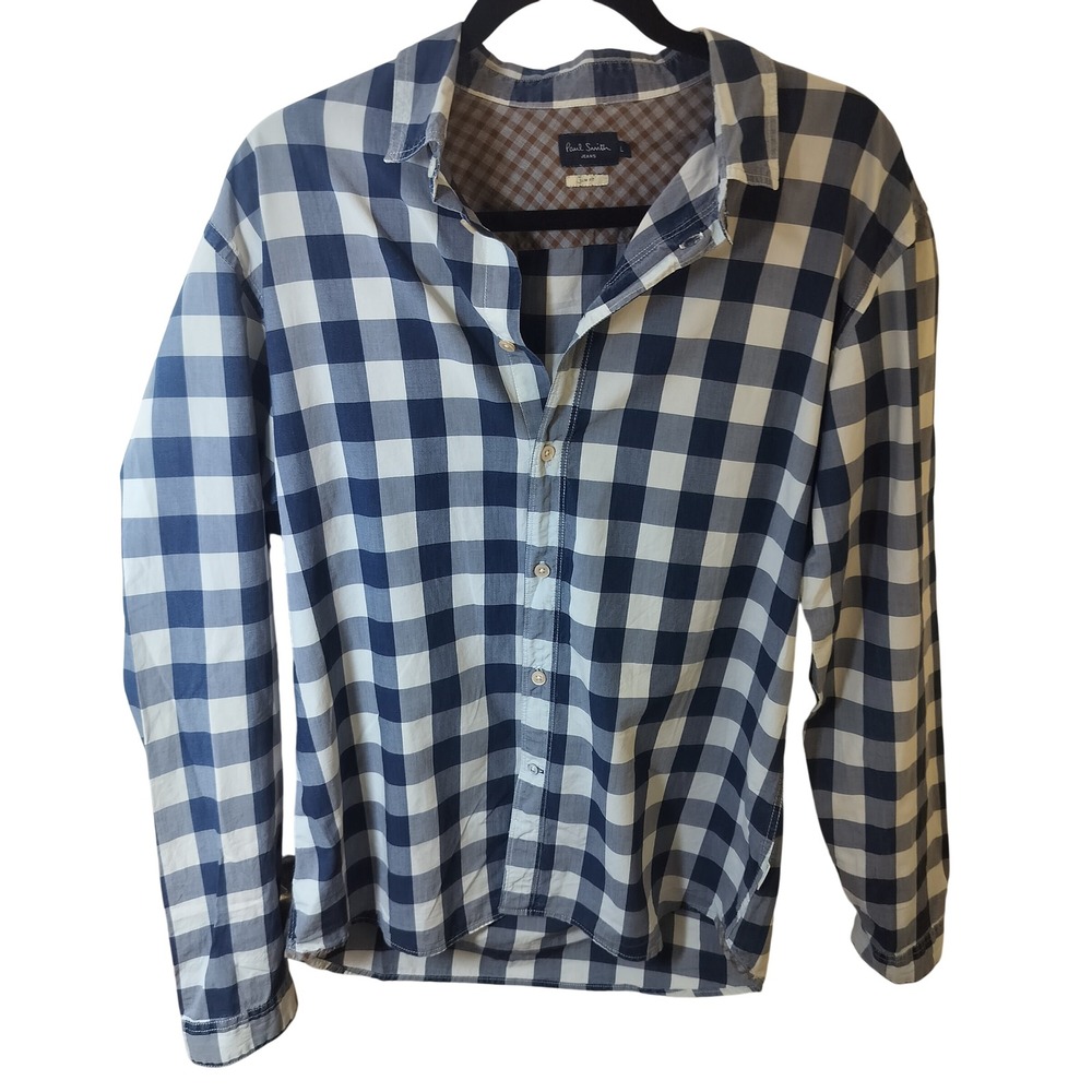 Paul Smith Jeans Mens Slim Fit Navy White Buffalo Check Button Down Shirt L